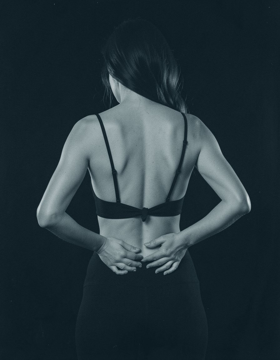 Mujer de espaldas apretándose la zona lumbar por dolor
