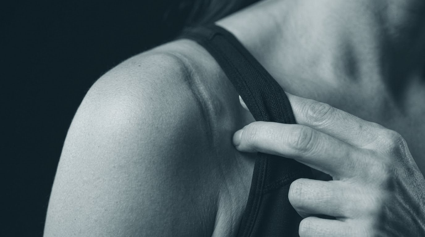 Hombro de una mujer con el surco que deja un tirante pesado